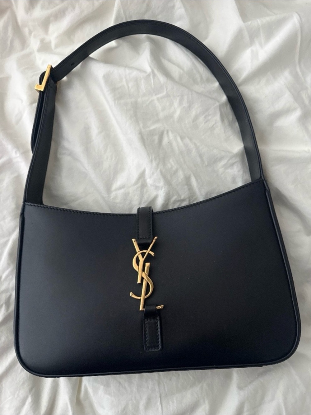 Saint Laurent Black Leather Shoulder Bag with Gold YSL Emblem